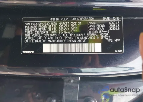 2016 Volvo Xc90 T6 Momentum z USA, uszkodzony, nr VIN YV4A22PK1G1044690